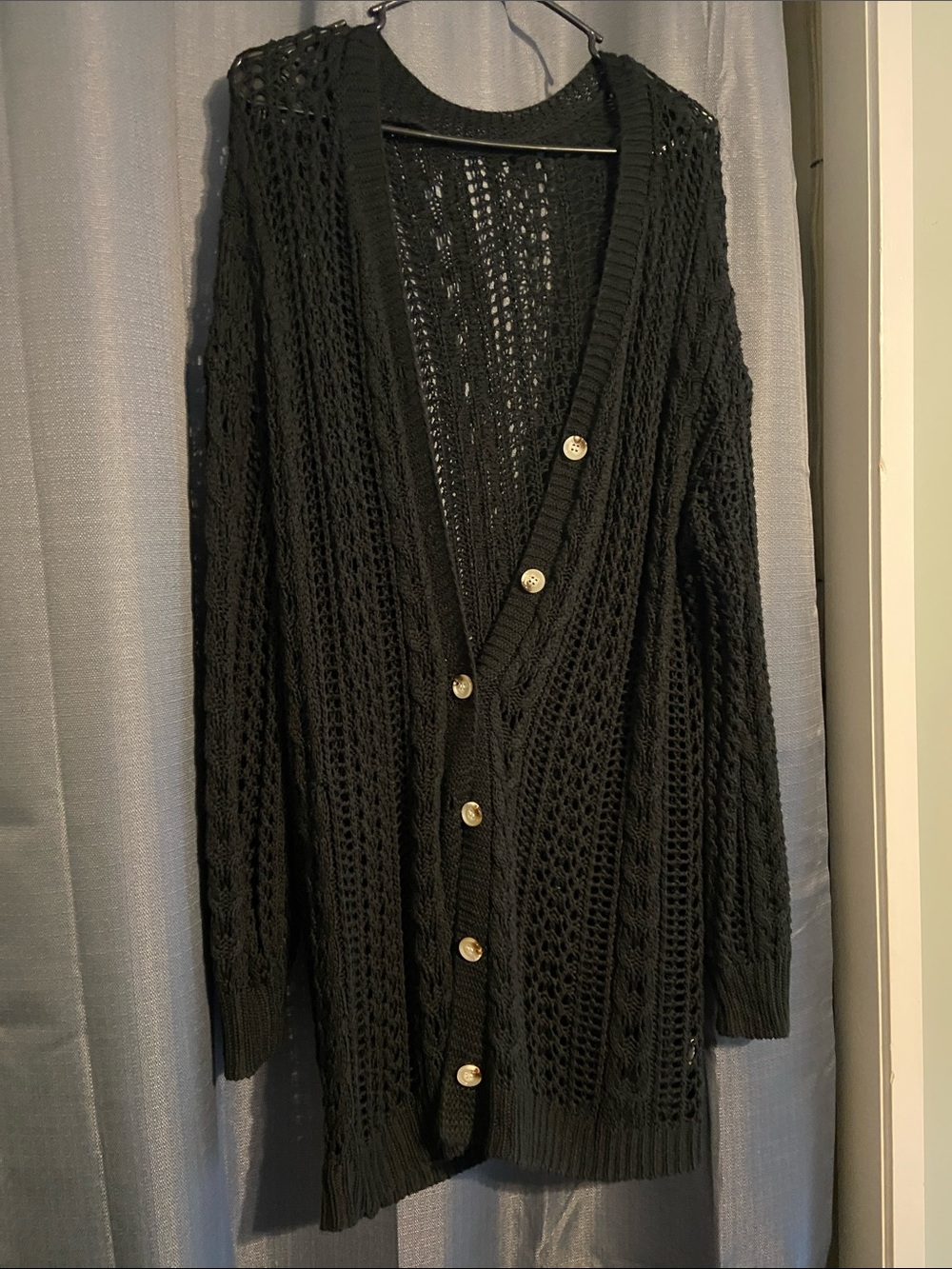 Black Open-Knit Button-Front Women's Cardigan Sweater